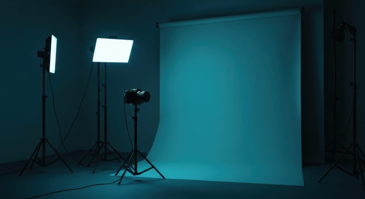 Dimly lit broadcast studio with a camera on a tripod